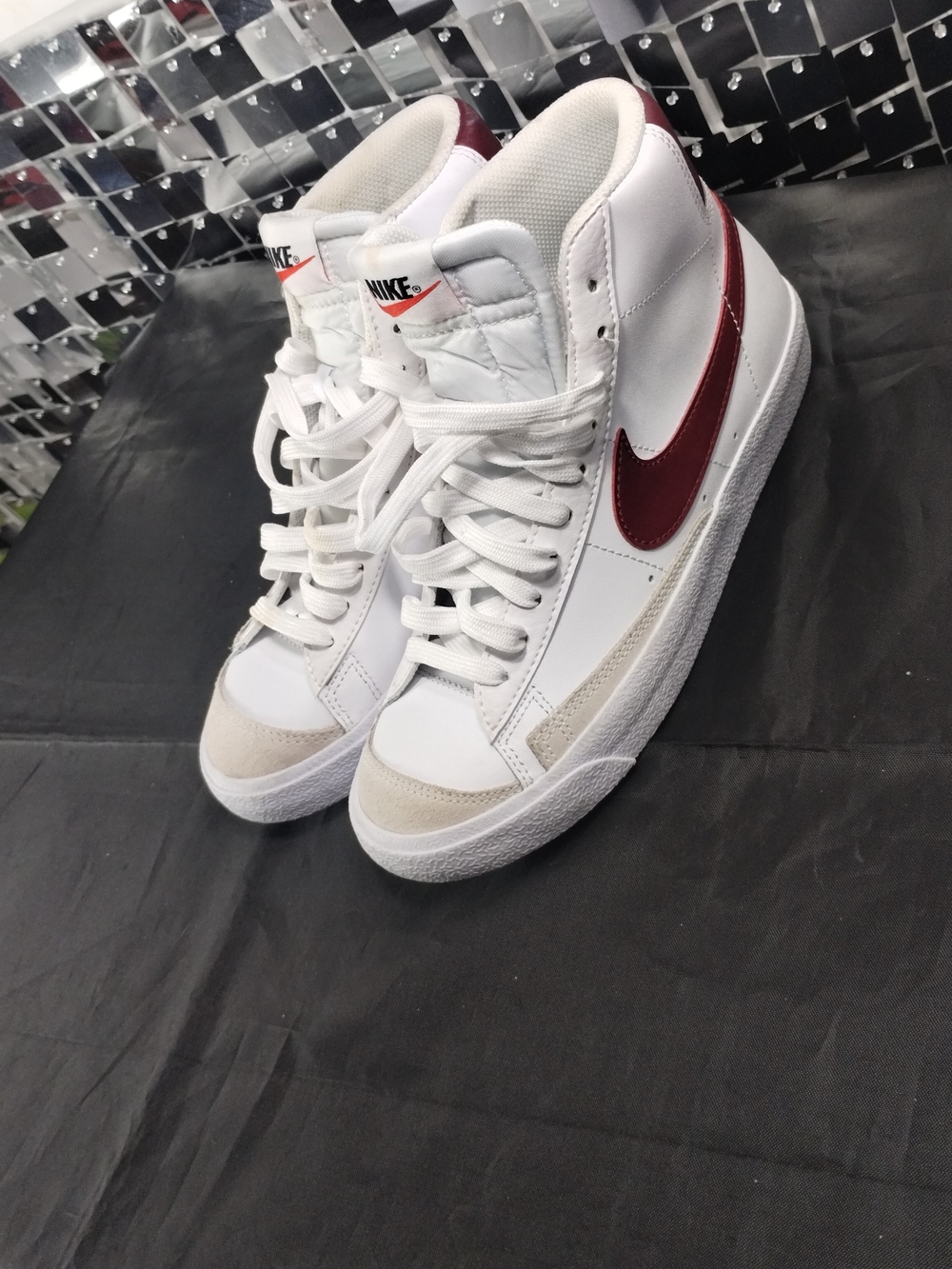 Nike Men’s White High-Top Sneakers with Maroon Swoosh